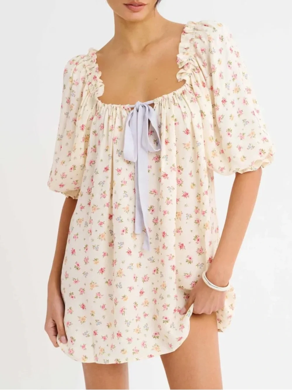 NEW Rumored Cream Floral Mini cottagecore marie Antoinette Pink floral dress - Picture 7 of 9